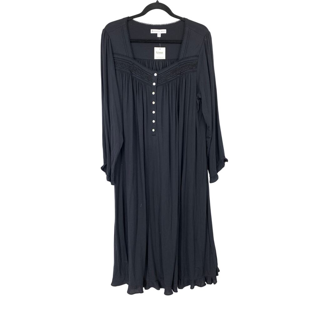 Eileen West Nightgown Womens Large Black Tencel Scalloped Lace Long Sleeve Midi